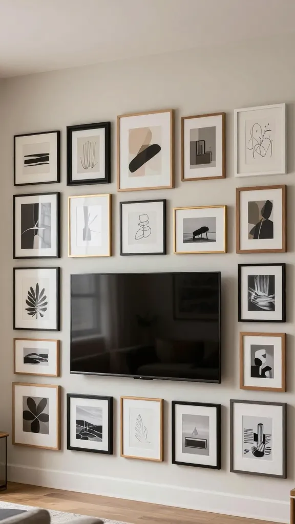 A high-quality, realistic photograph capturing a modern living room's gallery wall statement. A sleek, large flat-screen television is mounted at eye level, perfectly integrated as the central piece within an expansive and eclectic gallery wall. A curated collection of diverse picture frames, varying significantly in size, shape, and material (e.g., black, white, gold, natural wood), surrounds the TV, extending both horizontally and vertically. The frames house a mix of art styles, including abstract prints, minimalist sketches, and black-and-white photography, all adhering to a consistent, muted color palette for visual cohesion. The arrangement feels artistic, expressive, and stylish, set against a warm neutral-toned wall. Soft, diffused natural light illuminates the scene, highlighting the textures and details of the art and frames. The image conveys a personalized and inviting atmosphere.