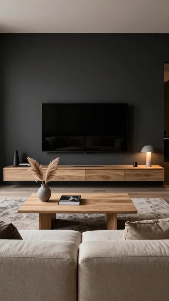 A high-resolution, professional architectural photograph of a sophisticated modern living room, bathed in soft, intimate ambient light. The focal point is a large, wall-mounted flat-screen television centered on a dramatic, deep charcoal gray accent wall. The dark color makes the TV seamlessly recede, transforming the wall into a luxurious and cohesive backdrop. In elegant contrast, a plush, oversized cream sofa with clean lines is positioned opposite the TV, adorned with a subtle textured throw. A minimalist light wood coffee table sits on a muted area rug, displaying a single design book and a small, sculptural vase with dried pampas grass. A matching light wood side table with a contemporary lamp provides gentle illumination. The room exudes a bold, chic, and cinematic vibe, perfect for cozy movie nights, highlighting the interplay of dark drama and light sophistication.