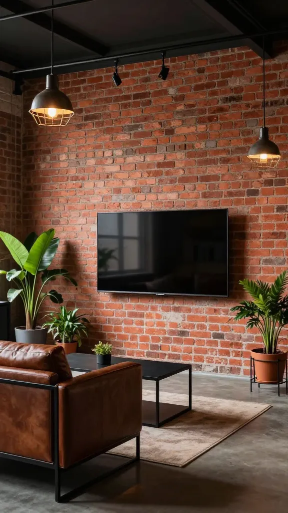 A high-quality, realistic photograph capturing a modern industrial living room. The prominent focal point is a large flat-screen television, flush-mounted against a magnificent exposed red brick wall that exudes a raw, authentic urban loft aesthetic. To the left, a sleek, dark brown leather sofa with black metal frames offers comfortable seating, complemented by a minimalist black metal-framed coffee table in front. Industrial-style pendant lights with metal cage shades hang from the ceiling, casting a warm, inviting glow. Several vibrant potted green plants are strategically placed, one on a metal stand near the TV and another on the floor beside the sofa, softening the rugged edges of the brick and metal. The space feels edgy, full of character, and distinctly modern industrial, with natural light subtly illuminating the scene. No text.