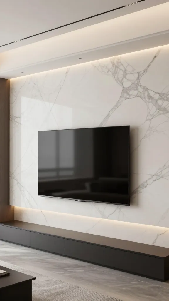 A high-angle, realistic, professional interior photograph of a luxurious living room TV wall. A single, dramatic, large-format white marble slab with prominent grey veining covers the entire wall behind a sleek, wall-mounted flat-screen television. Below the TV, a minimalist, low-profile floating console in a dark matte finish complements the grandeur of the marble. Subtle, recessed warm LED strip lighting is integrated to highlight the stone's intricate veining and create a sophisticated, gallery-like ambiance. The scene is bathed in soft, diffused natural light, emphasizing the high-end materials and meticulous design. Sharp focus, rich detail, no text.