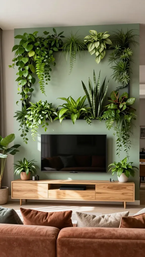 A high-resolution, professional interior design photograph of a modern living room, showcasing a large, flat-screen TV mounted centrally on a wall. The TV is elegantly integrated into a striking biophilic design, framed by a sleek vertical garden system lush with vibrant greenery. Trailing plants like Pothos and Philodendron cascade gently, interspersed with upright, architectural plants such as Snake Plants and ZZ Plants, creating rich visual interest and depth. The wall behind the TV and garden is painted a soft, earthy sage green. Below the TV, a low-profile media console crafted from light, natural oak wood provides a clean base. In the foreground, a comfortable sofa upholstered in a muted terracotta textile, adorned with soft, textured pillows in complementary earthy tones, adds to the serene atmosphere. Abundant natural light streams into the room, highlighting the calming and refreshing ambiance. No text.