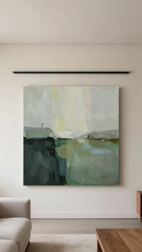 A realistic, high-resolution photograph of a modern, minimalist living room. A large, oversized canvas painting featuring a serene abstract landscape in muted greens and grays dominates a clean, light beige wall, perfectly centered and completely concealing a hidden television. A slim, modern track system is subtly integrated just above the artwork, indicating its sliding function. The wall is kept entirely bare to emphasize the art. Soft, natural daylight illuminates the scene, highlighting the canvas texture and creating a sophisticated, art-focused ambiance. A glimpse of a minimalist, light-toned sofa and a warm wood side table adds to the refined living space.