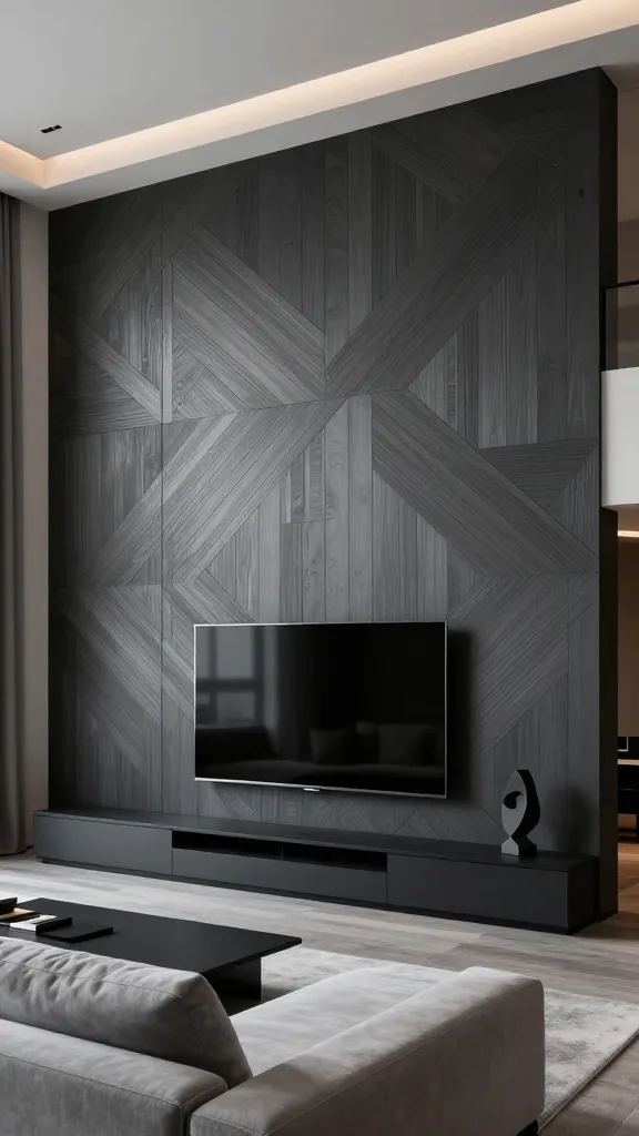 A high-angle, eye-level, wide shot of a sophisticated, contemporary living room featuring a striking TV wall. The entire wall behind a large, sleek, wall-mounted flat-screen television is clad in custom geometric wood paneling, crafted from thin strips of wood veneer forming an intricate pattern of interlocking triangles and diagonal lines. The entire wall, including the geometric paneling, is painted a single, deep charcoal gray, creating a textural, monochromatic statement that feels like modern art. A minimalist, low-profile media console in matte black sits beneath the TV. A streamlined light gray sectional sofa with clean lines is partially visible in the foreground, facing the TV wall. Soft, indirect lighting from recessed ceiling lights and a subtle LED strip along the top edge of the paneling highlights the geometric shadows and textures. The decor is minimal, with a single abstract sculpture on the media console. The overall aesthetic is high-end, architectural, and tailored. Realistic, professional interior design photography with sharp focus and natural ambient lighting. No text.