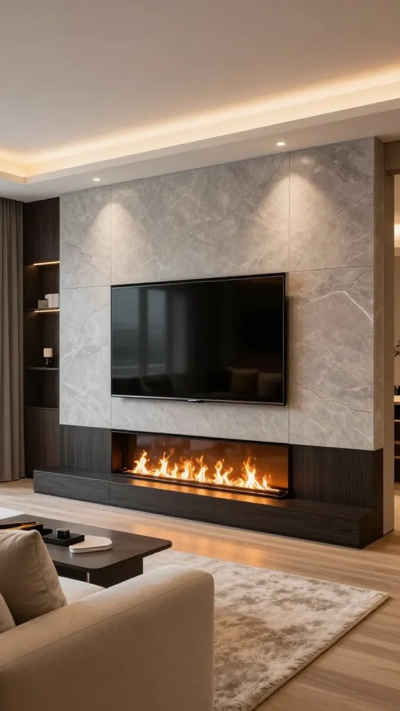 A high-resolution, professional architectural photograph of a luxurious and cozy living room. The focal point is a modern TV wall where a large, sleek flat-screen television is seamlessly mounted at a comfortable viewing height above a contemporary electric fireplace. The fireplace and TV are integrated into a dramatic, full-height wall clad in large, polished light grey stone slabs with subtle veining, extending from floor to ceiling. A minimalist, dark wood floating mantel shelf is positioned just below the TV. Realistic, flickering flames are visible within the fireplace, casting a warm glow. The room features soft ambient lighting from recessed ceiling lights, a plush cream-colored sofa with textured throw pillows, and a thick, inviting rug on a light wood floor, all contributing to an atmosphere of sophisticated comfort on a chilly evening.