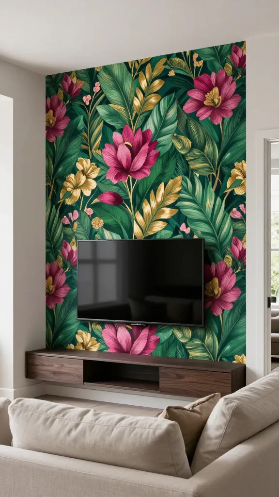 A modern, chic living room where the focal point is a feature wall behind a wall-mounted television. This wall is adorned with a vibrant, large-scale botanical wallpaper featuring lush emerald green leaves and bold fuchsia and gold floral patterns, creating a dramatic and artistic statement. An ultra-thin, low-profile black flat-screen TV is mounted discreetly and flush against the wallpaper, allowing the pattern to remain the star. The adjacent walls are painted in a soft, neutral off-white or light greige, ensuring the wallpaper truly pops. Below the TV, a sleek, minimalist floating media console in a dark wood finish provides clean lines. A comfortable, contemporary sofa in a light cream or beige fabric is positioned opposite the wall, with a few accent pillows picking up subtle colors from the wallpaper. Natural light streams in from a large window, illuminating the space beautifully. High-quality interior design photography, sharp focus, realistic textures, inviting atmosphere.