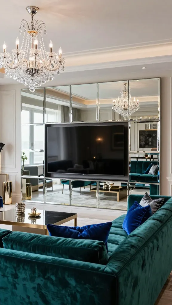 A high-quality, realistic photograph of a glamorous living room showcasing a stunning TV wall. A large, flush-mounted flat-screen television is seamlessly integrated into a feature wall composed entirely of custom-cut, beveled mirrored panels arranged in a sophisticated grid pattern, reflecting ambient light and the opulent interior. In the foreground, a luxurious velvet sofa in a rich jewel tone (e.g., deep emerald green or sapphire blue) is elegantly placed, adorned with silk throw pillows. A dazzling crystal chandelier hangs prominently from the ceiling, casting sparkling light throughout the bright and spacious room. Polished metallic accent tables and decorative objects add further touches of sophistication. The overall aesthetic is one of sophisticated Hollywood glam, feeling expansive and exceptionally elegant. Professional interior design photography, natural light, no text.