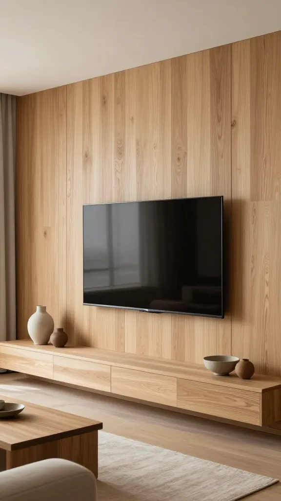 A professional, wide-angle photograph capturing a serene Japandi living room TV wall. A large, sleek flat-screen television is mounted centrally against a feature wall composed entirely of elegant, vertical light oak wood slats, creating subtle, calming texture. Beneath the TV, a low, minimalist bench-style console, crafted from matching light oak wood, extends horizontally. Adorning the console are a few carefully selected, handcrafted ceramic pieces in muted tones, such as a sculptural vase and a simple decorative bowl. The overall aesthetic is one of peaceful harmony and natural beauty, with soft, neutral textiles visible in the periphery, illuminated by gentle natural light. Realistic, high-quality, no text.