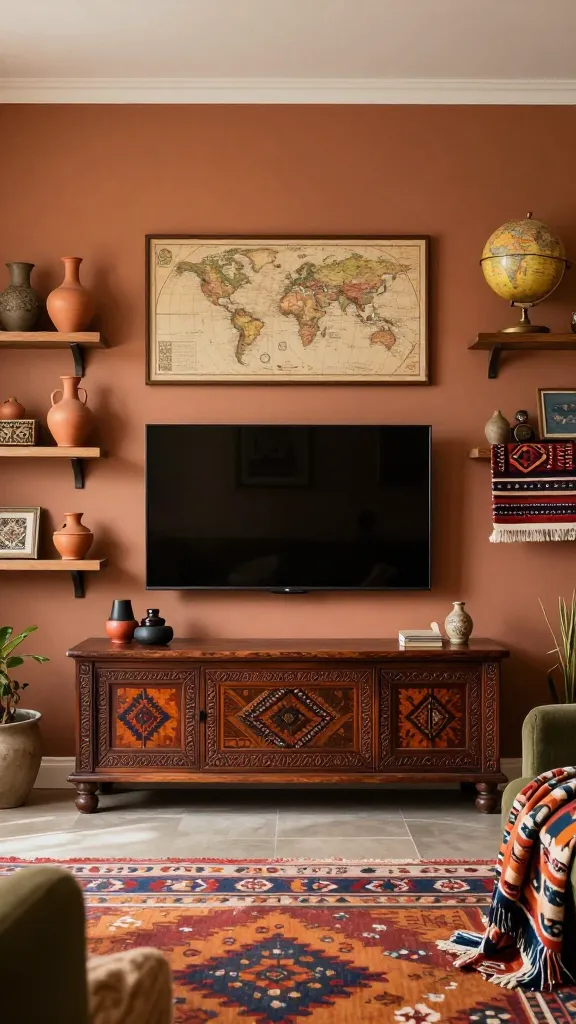 A realistic, high-quality, eye-level photograph of a living room TV wall designed in an eclectic global traveler style. A large, flat-screen television is mounted centrally on a warm, earthy-toned wall with subtle texture. Beneath the TV, a richly carved dark wood ethnic console table, featuring intricate patterns, grounds the arrangement. Flanking the TV, open wooden shelves are artfully arranged with a curated collection of global treasures: small terracotta vases, a vintage brass-bound globe, several framed antique world maps, and a small, vibrant kilim rug draped over one shelf. The room's palette is rich with warm, earthy colors like terracotta, deep ochre, and burnt orange, complemented by accents of deep olive green and indigo in the displayed textiles. Layered patterns are prominent in the console's carving, the kilim, and a patterned throw blanket casually draped on a visible armchair to the side. Soft, natural daylight illuminates the space, creating an inviting and well-traveled ambiance. No text.