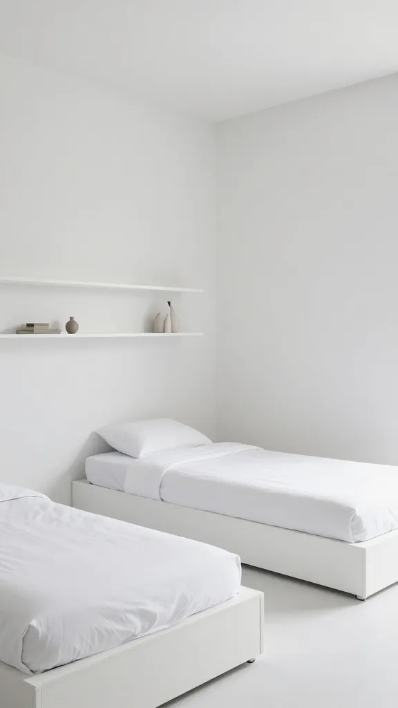 A high-quality, realistic photograph of a modern minimalist twin bedroom. The small room features crisp white walls, creating an airy and visually expanded atmosphere. Two sleek white platform twin beds are neatly arranged, each incorporating integrated hidden storage drawers beneath. Above one bed, or on an adjacent wall, minimalist floating shelves are subtly styled with a few neutral decor items. The room is uncluttered, emphasizing clean lines and functional design, bathed in soft, natural light, conveying a serene and sophisticated aesthetic. No text on image.