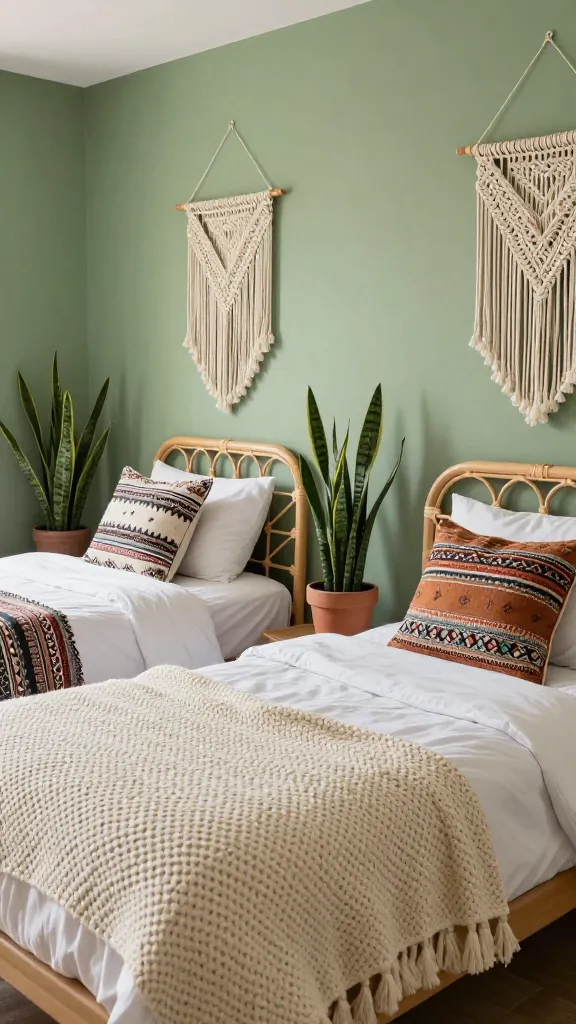 A high-resolution, realistic interior photo of a cozy, small twin bedroom designed in a boho chic style. The walls are a calming sage green. Two twin beds, each featuring a natural rattan headboard, are positioned in the room. Each bed is styled with layered, soft cream-colored chunky knit throws and a diverse mix of ethnic-patterned throw pillows in earthy tones. Macrame wall hangings are artfully displayed on the wall above the beds. Potted green plants, including a tall snake plant, are strategically placed to enhance the natural vibe. Soft, ambient natural light fills the space, creating a warm and inviting sanctuary. No text.