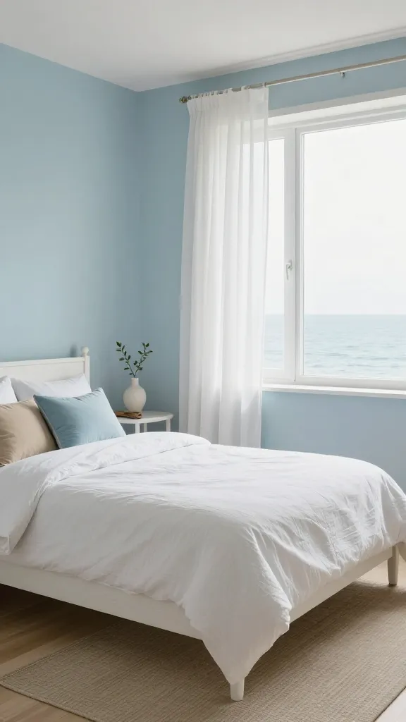 A high-quality, realistic photograph of a serene and airy coastal calm twin bedroom. The walls are painted a soft, muted ocean blue, evoking the tranquility of the sea. Two elegant white-washed wood twin beds are positioned prominently, each dressed with crisp white linen quilts and pillows, subtly accented with sandy beige throw pillows and a delicate sky blue decorative pillow. Abundant natural light floods the room from a large window, where sheer white curtains gently sway, enhancing the breezy aesthetic. The floor features light natural wood, partially covered by a textured, sandy beige area rug. Minimalist decor includes a small, simple white ceramic vase with a single green sprig on a shared bedside table between the beds, and a polished piece of driftwood. The overall scene exudes a relaxed, fresh atmosphere with a dominant palette of crisp whites, various shades of blue, sandy beige, and natural wood.