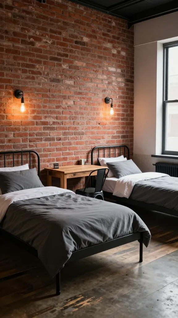 A high-quality, realistic interior photograph of a small, urban industrial loft-style twin bedroom. The focal point is a faux exposed red brick wallpaper accent wall behind two identical black metal twin bed frames, neatly made with crisp charcoal grey and off-white bedding for a surprisingly cozy feel. Above each bed, an industrial-style wall sconce with an exposed Edison bulb casts a warm, inviting glow. A rustic reclaimed wood desk, paired with a simple black metal chair, is cleverly integrated into the small space. The floor is polished concrete or dark distressed wood, and natural light streams in from a window, highlighting the raw materials and functional design, creating an edgy yet warm atmosphere. No text on images.