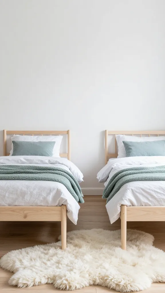 A high-quality, realistic interior photograph of a serene Scandinavian-inspired twin bedroom, embodying a 'Scandi-Cool Haven' aesthetic. Two identical twin bed frames, crafted from light-toned birch wood with simple, clean lines, are positioned side-by-side or with minimal space between them. The walls are painted a pristine, matte white, enhancing the natural light that fills the room from an unseen window. A plush, off-white sheepskin rug is strategically placed on the light wooden floor, adding texture and warmth. Each bed is dressed with crisp white linen bedding, layered with a soft grey duvet, and adorned with a chunky knit blanket in a muted sage green, casually draped. A subtle pop of color is introduced by a small, solid-colored throw pillow in a soft dusty blue on one of the beds. The overall ambiance is bright, clean, functional, and deeply inviting, with a strong sense of hygge and understated elegance. Natural daylight, no text.