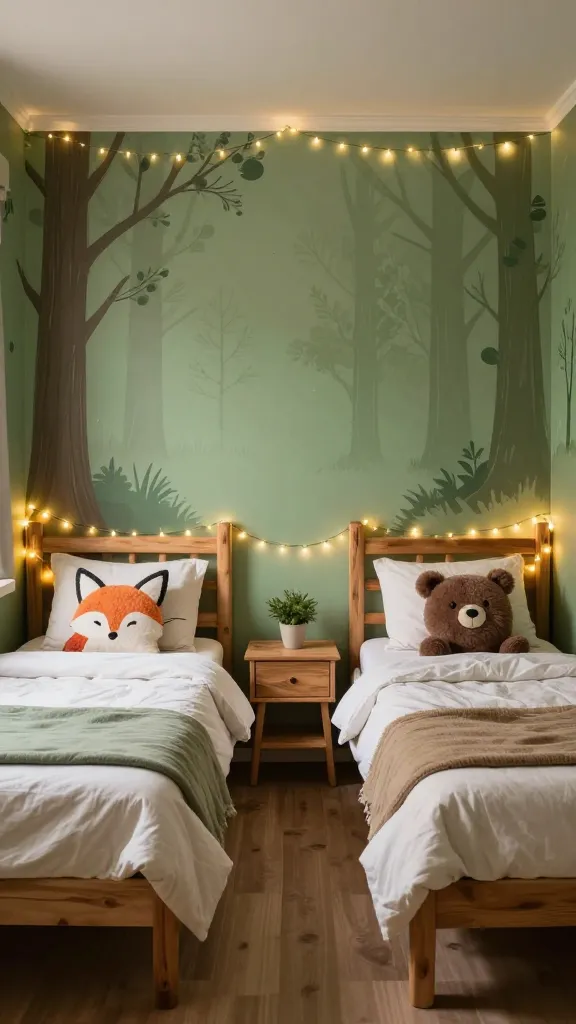 A high-quality, realistic photograph of a cozy and whimsical woodland-themed small bedroom, featuring two identical twin beds with simple, rustic pine frames. The walls are painted a soft forest green, adorned with subtle tree-themed wall decals that evoke a magical forest. Warm fairy lights are elegantly draped around the headboards and along the ceiling above both beds, casting a soft, enchanting glow. Each bed is dressed with neutral-toned bedding and features charming animal-themed throw pillows, such as a playful fox and a cuddly bear. A small, natural wood nightstand sits between the beds, holding a tiny potted plant. The overall atmosphere is playful, magical, and inviting, bathed in soft, natural light from an unseen window. No text.