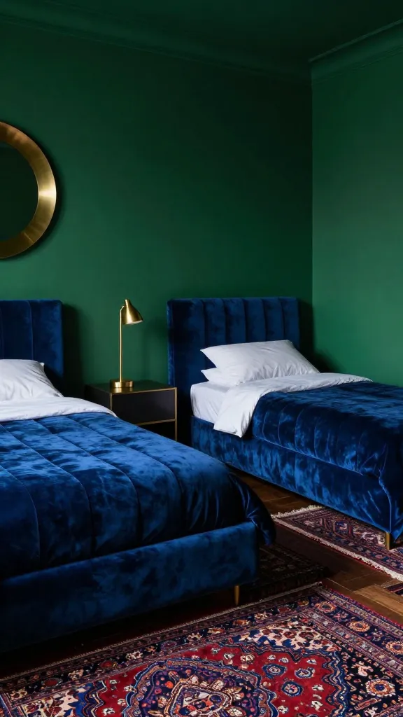 A high-quality, realistic photo of a small, moody maximalist bedroom featuring two twin beds. The walls are painted a deep, dramatic emerald green, creating an intimate, jewel-box atmosphere. Each twin bed has a luxurious velvet tufted headboard in a complementary rich sapphire blue. The floor is covered with multiple layered Persian-style rugs in deep, muted jewel tones like ruby and amethyst. Brass accents are strategically placed, including a sleek brass table lamp on a shared nightstand between the beds and a decorative round brass-framed mirror on the wall, reflecting the room's opulent textures. Soft, ambient lighting enhances the dramatic and luxurious feel. No text.