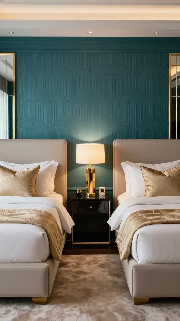 A high-quality, realistic interior photograph of a luxurious and sophisticated Art Deco twin bedroom. Two identical upholstered twin beds with elegant, simple silhouettes and plush headboards are symmetrically arranged, separated by a shared narrow nightstand. The walls are painted a sophisticated deep teal. A subtle Art Deco geometric pattern is featured on a prominent wallpapered accent wall, the plush area rug, and decorative throw pillows. Luxurious, high-thread-count bedding in cream and soft gold tones adorns the beds. Gold brass accents are prominent throughout, including sleek table lamps with geometric bases on the nightstand, a large mirror with a brass frame, and subtle hardware details. Soft, ambient lighting enhances the room's glamorous and opulent atmosphere. No text.
