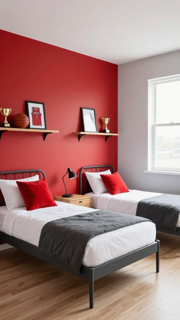 A high-quality, realistic photo of a small, sporty twin bedroom designed for a sports enthusiast. The room features a vibrant red accent wall, balanced by clean, light grey walls on the other sides. Two identical, simple, sturdy dark grey metal twin beds are positioned against the accent wall. Each bed is neatly made with crisp white sheets, a dark grey duvet, and a single throw pillow in a bold red hue with a subtle athletic-inspired pattern. Above each bed, a sleek light wood floating shelf showcases an assortment of sports memorabilia, including a miniature basketball, a framed team jersey, and a small gold trophy. A minimalist light wood nightstand sits between the beds, holding a modern, black gooseneck desk lamp. Bright natural light floods the room from a large window on an adjacent neutral wall, highlighting the energetic and inspiring atmosphere. The flooring is a light, natural wood laminate. No text.
