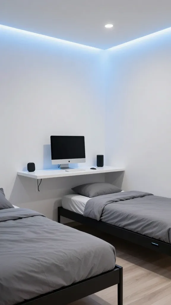 High-resolution, realistic photo of a small, modern twin bedroom designed for tech-savvy dwellers. The room features two minimalist twin beds, one with a sleek black metal frame and the other with a dark wood frame, both subtly showcasing integrated charging ports. The walls are painted a clean white, complemented by cool grey bedding and black accents. Smart LED strip lighting is subtly integrated along the ceiling perimeter, casting a soft, customizable blue ambient glow. A sleek, white floating desk with invisible cable management is mounted on one wall, topped with a minimalist monitor and a smart speaker. The overall aesthetic is contemporary, uncluttered, and highly functional, emphasizing smart space utilization. Professional architectural photography, sharp focus, natural light mixed with LED ambiance, no text.