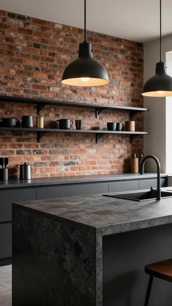 A realistic, high-quality professional interior photograph of a bold industrial chic kitchen. The prominent feature is a dramatic kitchen island with a dark charcoal gray quartz countertop, boasting a subtle concrete-like finish, serving as the grounding centerpiece. An exposed brick wall forms the backdrop, adding an edgy, urban vibe. Mounted on the brick are sleek black metal open shelves displaying minimalist, dark-toned kitchenware and subtle metal accents. Above the quartz island, two industrial-style pendant lights with black metal shades hang, casting focused, warm light. The overall aesthetic celebrates robust materials and raw sophistication, with clean lines and a no-nonsense yet incredibly stylish feel. The scene is bathed in a mix of soft natural light from an unseen window and the warm glow of the pendants, highlighting the textures of the brick, quartz, and metal.