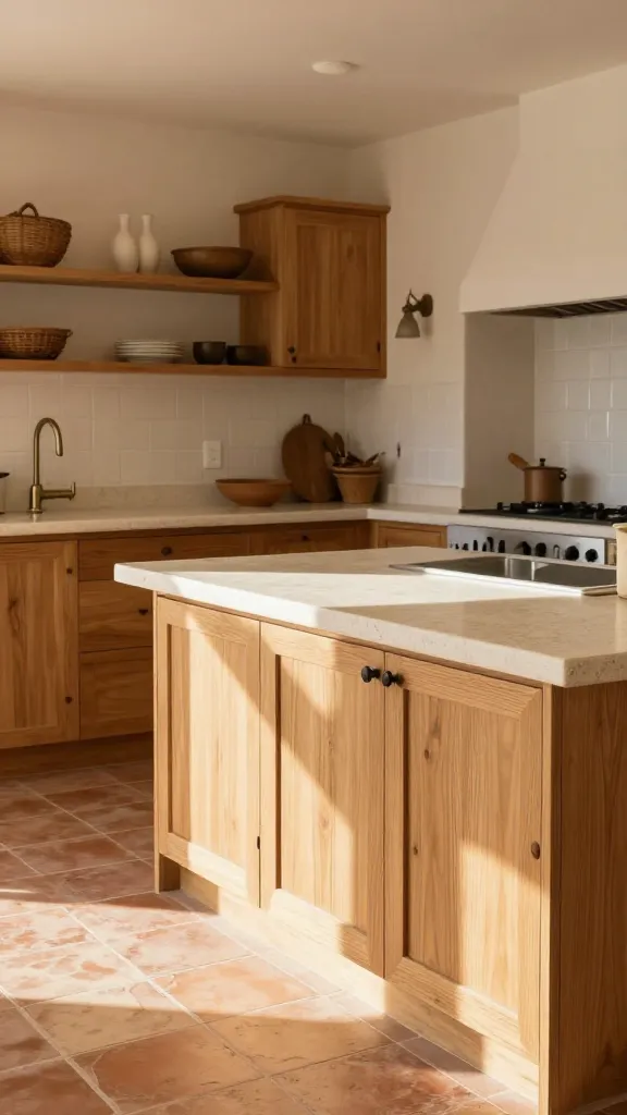 A sun-drenched, inviting kitchen designed in a warm Mediterranean villa style. The focal point is a creamy beige quartz countertop, showcasing a subtle, sandy texture, extending across a spacious island and perimeter. It is paired with custom light oak cabinetry featuring simple wrought-iron hardware. Distressed terracotta tile flooring covers the space, complementing the earthy tones. Open shelving displays decorative items, adding to the relaxed, rustic elegance. The scene is bathed in warm, natural light, creating a permanent vacation feel. High-quality, realistic photo. No text.