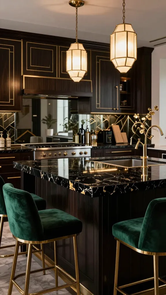 A realistic, high-quality professional photograph showcasing a luxurious Art Deco revival kitchen. The focal point is a magnificent black quartz kitchen island countertop, richly veined with delicate gold flecks that shimmer under the soft, opulent lighting. Elegant deep emerald green velvet bar stools with sleek brass frames are positioned invitingly at the counter. Behind the island, sleek dark wood cabinetry features exquisite geometric brass inlay details, complemented by a reflective mirrored backsplash that amplifies the space. Above the island, a pair of sophisticated geometric pendant lights with brass finishes emit a warm, inviting glow. The overall design embodies the dramatic flair and decadent sophistication of the roaring twenties, seamlessly blended with modern luxury. Eye-level shot. No text on images.