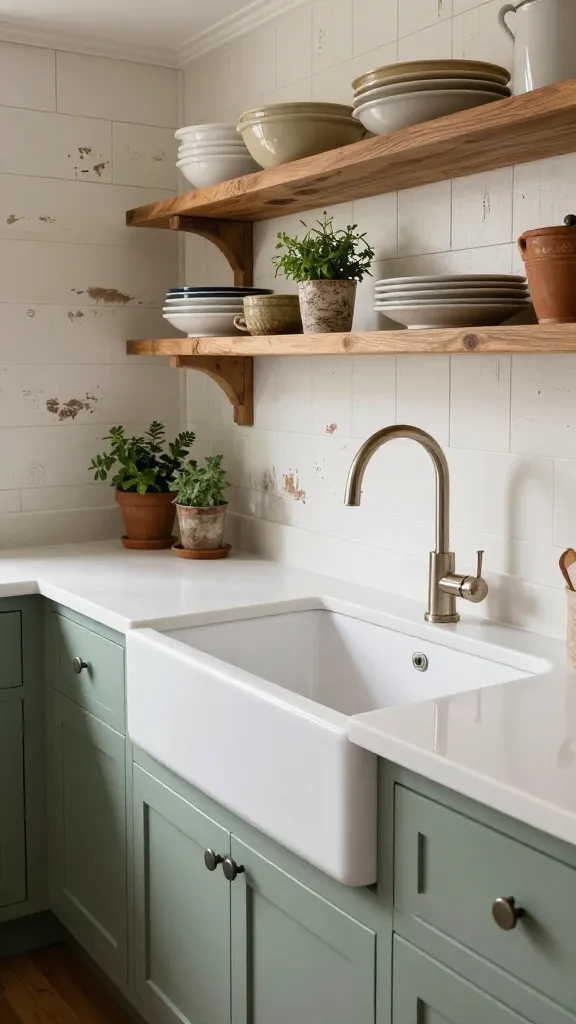 A high-quality, realistic photograph capturing a cozy rustic farmhouse kitchen. The centerpiece is a pristine, classic crisp white quartz countertop, its clean, durable surface reflecting warm natural light. It contrasts beautifully with distressed shiplap walls and charming sage green lower cabinets. A large, deep white farmhouse sink is seamlessly integrated into the quartz countertop. Above the counter, open wooden shelves are styled with vintage ceramic dishes, rustic pottery, and small potted herbs, enhancing the welcoming atmosphere. Professional kitchen photography, medium shot, no text.