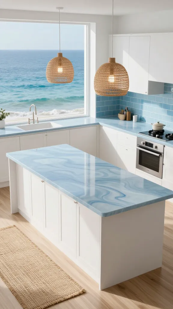 A high-angle, bright and airy wide shot of a serene coastal kitchen, bathed in soft natural light. The centerpiece is a stunning, ethereal light blue quartz countertop with a subtle, gentle wave-like pattern, reflecting the tranquility of the sea. It is perfectly complemented by crisp white shaker cabinets and a glossy subway tile backsplash that transitions gracefully through varying shades of ocean blue. Above the island, two elegant woven pendant lights cast a warm glow. A textured natural jute rug lies on the light wooden floor, adding to the relaxed, breezy atmosphere. The scene feels utterly refreshing and calm, like a luxurious beach house.