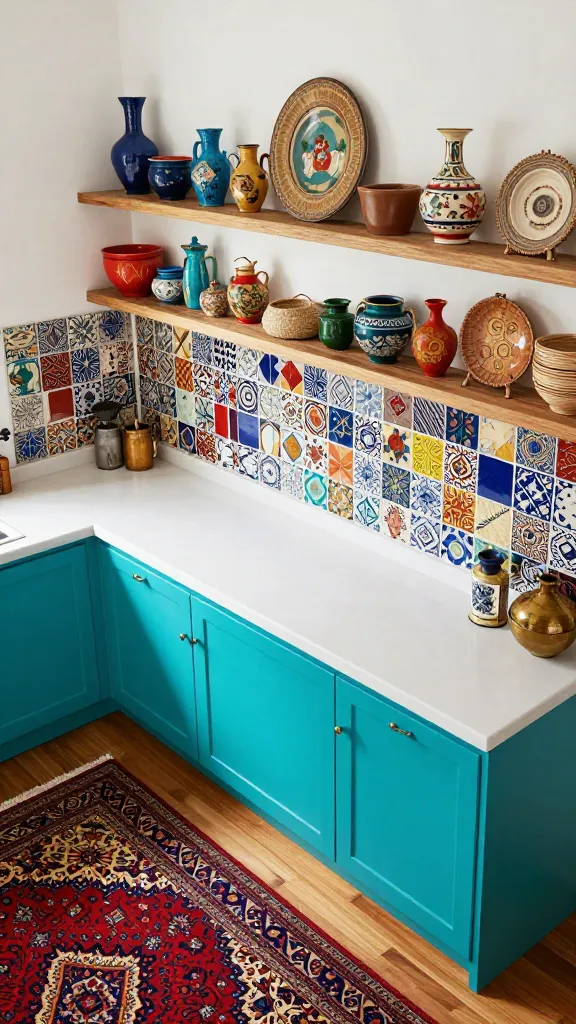 A high-angle, eye-level shot of a vibrant, eclectic bohemian kitchen, bursting with personality and global influences. The central feature is an expansive, clean solid white quartz countertop, serving as a bright, versatile canvas. It is beautifully contrasted by a dynamic backsplash composed of mismatched, intricately patterned ceramic tiles in a rich tapestry of global designs and colors. Below the countertop, the lower cabinets are painted a striking, vibrant turquoise. Above, open wooden shelving displays an artistic collection of travel treasures, including handcrafted ceramics, small woven baskets, and antique curios from around the world. A large, ornate Persian rug with deep reds, blues, and gold patterns lies on the wooden floor, anchoring the diverse elements. Natural light illuminates the scene, highlighting the rich textures and bold colors in this high-quality, realistic photograph.