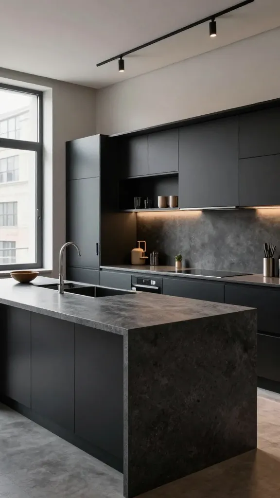 A photorealistic, high-resolution professional interior photograph of a sleek urban loft kitchen. The central focus is a striking dark gray quartz countertop, featuring minimal, honed concrete-like veining, seamlessly integrated into a large kitchen island. This countertop is perfectly complemented by sleek, handleless black matte cabinetry that extends along the walls, with integrated appliances flush to the surface. Above the counter, minimalist industrial-style shelving units crafted from black steel display a few carefully curated, understated decor items. Subtle track lighting casts a warm, even glow, highlighting the clean lines and sophisticated materials. The overall aesthetic is modern, functional, and effortlessly chic, capturing the cool sophistication of a city loft. Sharp focus, natural light filtering in from large windows combined with the artificial lighting, no text.