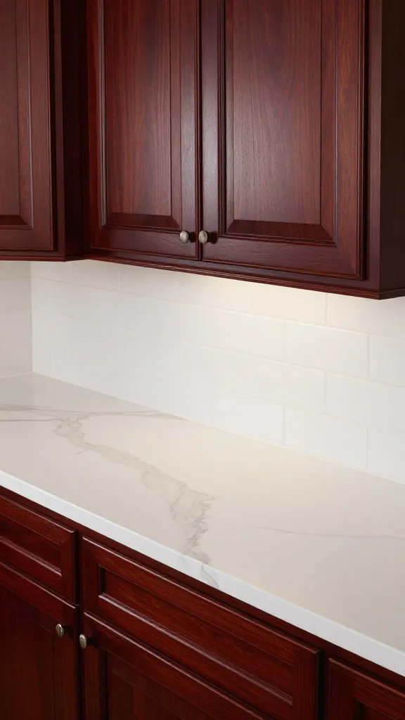 A high-angle, realistic, high-resolution photograph of a luxurious and inviting traditional kitchen. The focal point is a pristine white quartz countertop with very subtle, delicate gray marble-like veining, reflecting soft ambient light. It seamlessly pairs with rich, deep cherry wood base cabinets featuring classic raised panel doors and ornate crown molding. A clean, classic white subway tile backsplash extends above the countertop. The scene is bathed in warm, inviting interior light, emphasizing the refined details and enduring elegance of the space. No text.