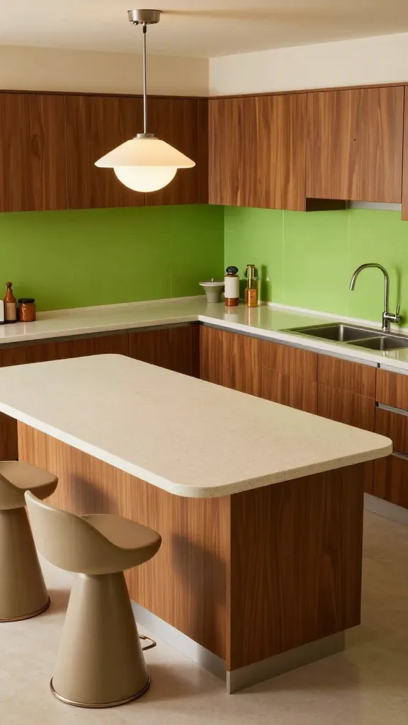 A high-angle, realistic photo of a stunning Mid-Century Modern kitchen. The focal point is a smooth, cream-colored quartz countertop, acting as a neutral backdrop. It extends across a spacious island and perimeter, complemented by sleek, flat-panel walnut cabinets with minimal hardware. A vibrant chartreuse green backsplash provides a striking pop of color, running along the wall behind the countertop. Perched at the island are two tapered leg bar stools, their design echoing the era's aesthetic. Above the island, a distinctive Sputnik chandelier casts a warm glow. The overall scene exudes a groovy, retro-cool yet utterly contemporary vibe, emphasizing clean lines, organic shapes, and a playful use of color characteristic of the 1950s and 60s. The lighting is bright and inviting, showcasing the textures and colors with exceptional clarity.