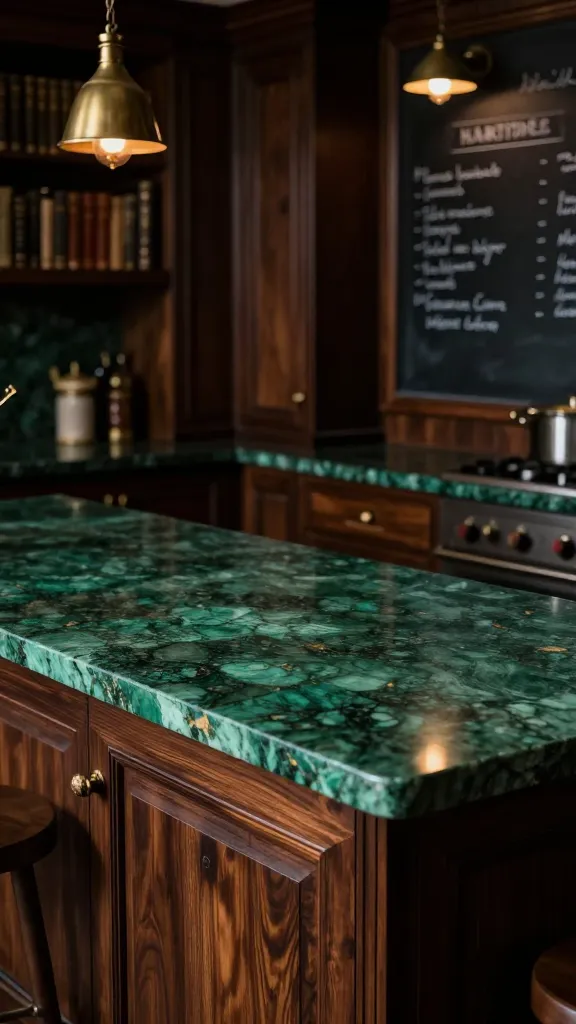 A high-resolution, realistic photograph capturing a moody and sophisticated Dark Academia kitchen. The focal point is a dramatic deep emerald green quartz countertop, subtly flecked with gold, anchoring the space with its rich color and luxurious depth. This stunning countertop contrasts beautifully against floor-to-ceiling dark mahogany cabinetry, which exudes a scholarly elegance. Warm, inviting light emanates from vintage brass library sconces mounted on the dark wood. A section of a blackboard accent wall, ready for handwritten recipes, is visible in the background. The overall atmosphere is richly textured, intellectual, and inviting, reminiscent of a cozy, antique library where delicious creations come to life. No text.