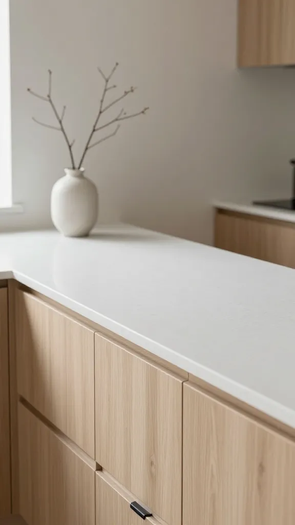 A high-quality, realistic photo of a serene Japandi kitchen, showcasing a pristine, thick matte white quartz kitchen countertop as the focal point. The countertop extends cleanly over minimalist, light, untreated ash wood cabinetry, which features simple, sleek black metal bar pull hardware. The kitchen is bathed in soft, natural light, highlighting the smooth, understated elegance of the quartz surface and the subtle grain of the wood. On one section of the countertop, a single, delicate bare branch stands elegantly in a simple, unglazed ceramic vase, providing the only decorative element. The background is uncluttered, hinting at minimalist, light-toned walls, reinforcing the overall calm, functional, and profoundly serene Japandi aesthetic.