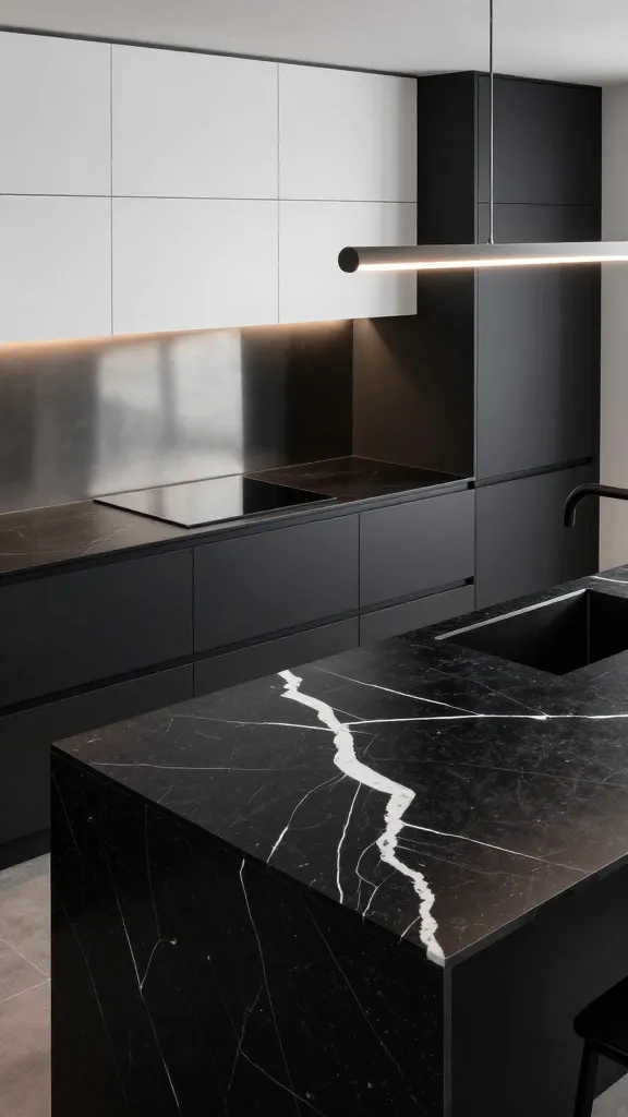 High-angle, realistic professional architectural photograph of a high-contrast contemporary kitchen. The focal point is a dramatic black quartz kitchen countertop, featuring prominent, striking white veining that serves as the absolute star. This bold surface is perfectly complemented by sleek, handleless white upper cabinets and contrasting black handleless lower cabinets. A minimalist metallic backsplash connects the counters and uppers, reflecting ambient light. Elegant linear pendant lighting hangs above the countertop, emphasizing the modern, sophisticated, and cutting-edge aesthetic. The scene is sharp, well-lit, and showcases the striking visual drama of the design. No text.
