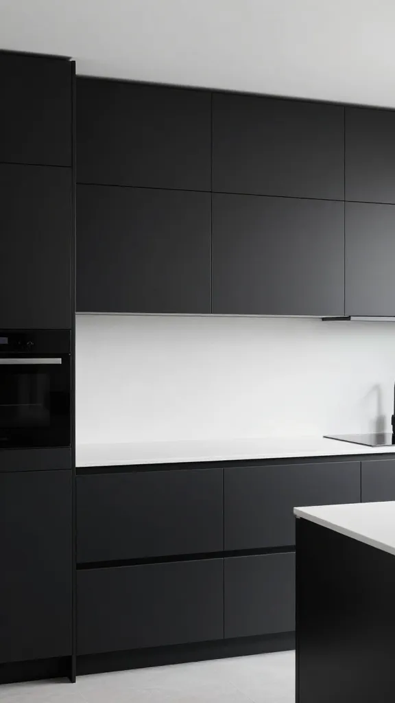 A high-quality, realistic photograph of a sleek modern minimalist kitchen. The design features matte black, handleless kitchen cabinets that seamlessly blend into a wall, creating an uncluttered and serene backdrop. A long stretch of crisp white quartz countertop sits atop the cabinets, paired with a matching minimalist white quartz backsplash. Integrated appliances are subtly hidden behind the cabinet fronts, maintaining the smooth, unbroken lines. The space is illuminated by soft, natural light, emphasizing the striking contrast and sophisticated simplicity. Architectural Digest style, no text.