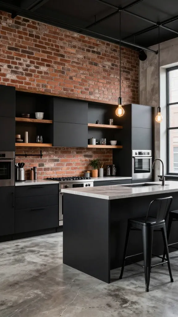 A high-quality, realistic, wide-angle photo of an industrial chic loft kitchen. Prominent flat-panel black kitchen cabinets with sleek black metal hardware line an exposed brick wall. The kitchen features a polished concrete floor and integrated stainless steel appliances. Above the countertops, open shelving crafted from reclaimed wood and industrial pipes displays minimalist decor. Edison bulb pendant lights illuminate a central kitchen island, flanked by black steel bar stools. The overall atmosphere is cool, edgy, and effortlessly stylish, capturing an urban industrial vibe. No text.