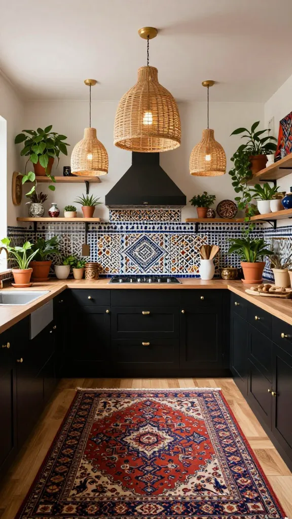 A wide-angle, high-quality professional photo of a vibrant Bohemian Rhapsody kitchen, with natural light streaming in. The main subject is a sophisticated run of black shaker-style kitchen cabinets featuring elegant brass hardware. Above warm, natural wood countertops, a richly patterned zellige tile backsplash with intricate Moroccan influences creates a striking focal point. Several natural rattan pendant lights hang artfully over a central island or peninsula, casting a warm glow. A vintage, richly patterned Persian rug lies on a light wooden floor, adding texture and color. Abundant potted plants of various sizes are strategically placed on counters, open shelves, and hanging, bringing life to the space. Quirky, collected decor items, artisanal pottery, and global textiles are artfully arranged on open shelving and visible surfaces, contributing to the eclectic and free-spirited atmosphere. The scene captures a harmonious blend of patterns, textures, and global influences against the elegant black cabinet canvas.