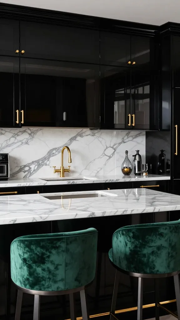 A realistic, high-quality photograph of a luxurious 'Moody Glamour Den' kitchen. The space is dominated by high-gloss black lacquer kitchen cabinets that beautifully reflect light, creating a dramatic and opulent atmosphere. These cabinets are paired with striking white marble countertops and a matching full-height backsplash, both featuring bold, dramatic grey veining. All cabinetry is adorned with chunky, elegant gold pulls, and a sophisticated gold faucet gleams over a sink. Positioned at a central kitchen island or counter are two plush emerald green velvet bar stools, adding a rich, jewel-toned accent. The overall aesthetic is one of high-contrast luxury and indulgence, evoking a five-star experience. The lighting is artfully designed to enhance the reflective surfaces and deep tones. No text.