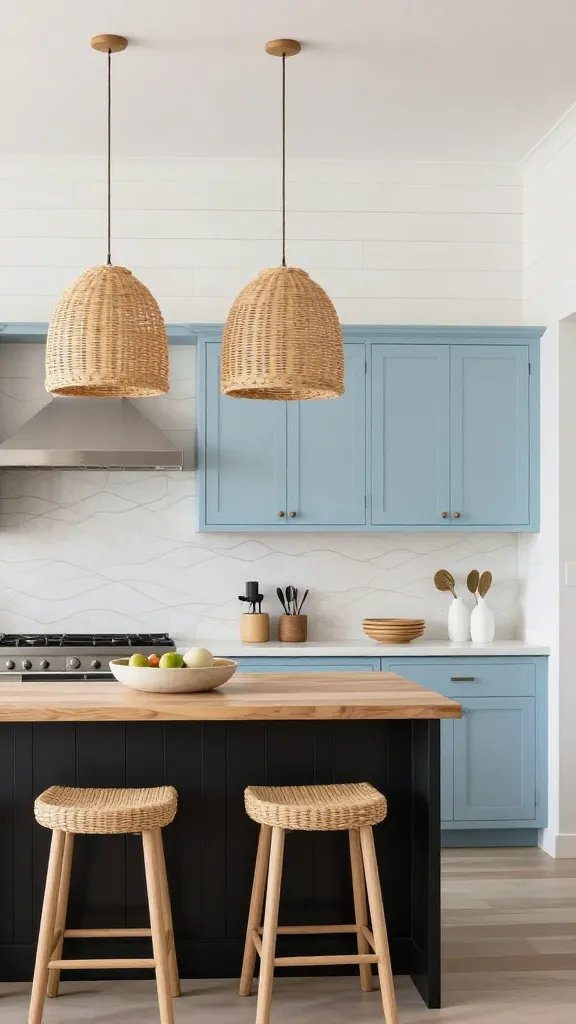 A professional, high-quality photograph of a serene and breezy coastal contemporary kitchen. Sleek matte black lower cabinets ground the space, beautifully complemented by soft light blue upper cabinets. White shiplap walls create a classic beach house texture, while a subtle, light-toned wave-patterned backsplash adds a touch of sophistication. Natural wood accents are integrated throughout, including a light wood countertop and open shelving displaying minimal, curated decor. Two large woven pendant lights hang gracefully above a kitchen island, where three elegant seagrass bar stools are neatly arranged. The kitchen is bathed in natural light, exuding a clean, sophisticated, and inviting atmosphere. No text.