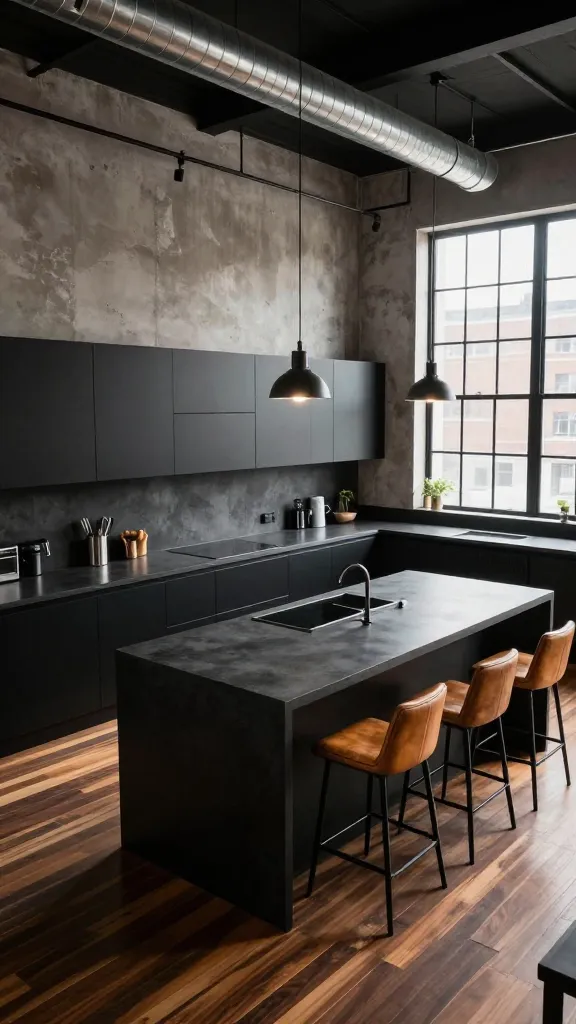 A high-angle, wide shot of a sophisticated urban loft kitchen with a distinct industrial edge. The focal point is the sleek, black flat-panel kitchen cabinets that line the back wall, topped with dark concrete countertops. A large kitchen island, also featuring a dark concrete top, is positioned centrally, accompanied by three distressed tan leather bar stools. The floor is covered in rich, dark wood planks, providing warmth. Overhead, exposed silver ductwork runs across the high ceiling, illuminated by stylish industrial pendant lights hanging above the island. Natural light pours in from tall, multi-paned warehouse-style windows in the background, creating subtle reflections on the dark surfaces. The overall scene exudes a raw, modern, and unapologetically stylish city apartment aesthetic. Realistic, high-quality photo, no text.