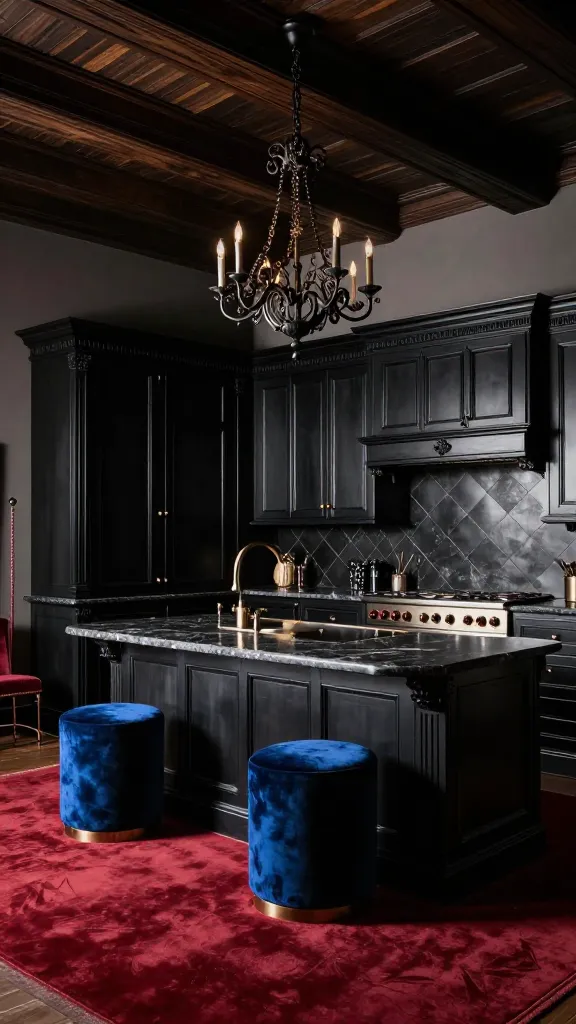 A high-quality, realistic interior photograph of a grand Gothic Revival kitchen. The focal point is a set of ornate black kitchen cabinets, featuring raised panels and intricate molding, extending along the walls. Dark marble countertops gleam under the light. Above, a ceiling with prominent dark wood beams spans the room, from which a large, intricate wrought iron chandelier hangs, casting a moody glow. On the floor, a rich ruby red rug adds a deep jewel-toned accent, while sapphire blue velvet stools are positioned at a central island or breakfast bar. The overall atmosphere is dramatic, mysterious, and elegantly old-world, reminiscent of a sophisticated castle interior. The lighting is balanced, showcasing the textures and depth of the materials.