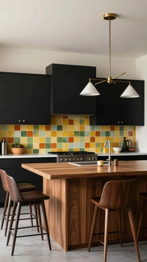 A high-quality, realistic photograph of a sophisticated Mid-Century Modern kitchen featuring sleek, black flat-panel cabinets. A central kitchen island incorporates rich walnut wood accents, complementing the black cabinetry. Behind the main counter, a striking geometric tile backsplash in a muted palette of mustard yellow, avocado green, and burnt orange adds a retro pop of color. Above the island, a stylish Sputnik chandelier hangs prominently, flanked by elegant cone-shaped pendant lights. Tapered leg bar stools are neatly arranged at the island, completing the iconic Mid-Century look. The overall design exudes a timeless retro vibe with clean lines and organic shapes, reminiscent of a "Mad Men" era aesthetic. Professional interior photography, no text.