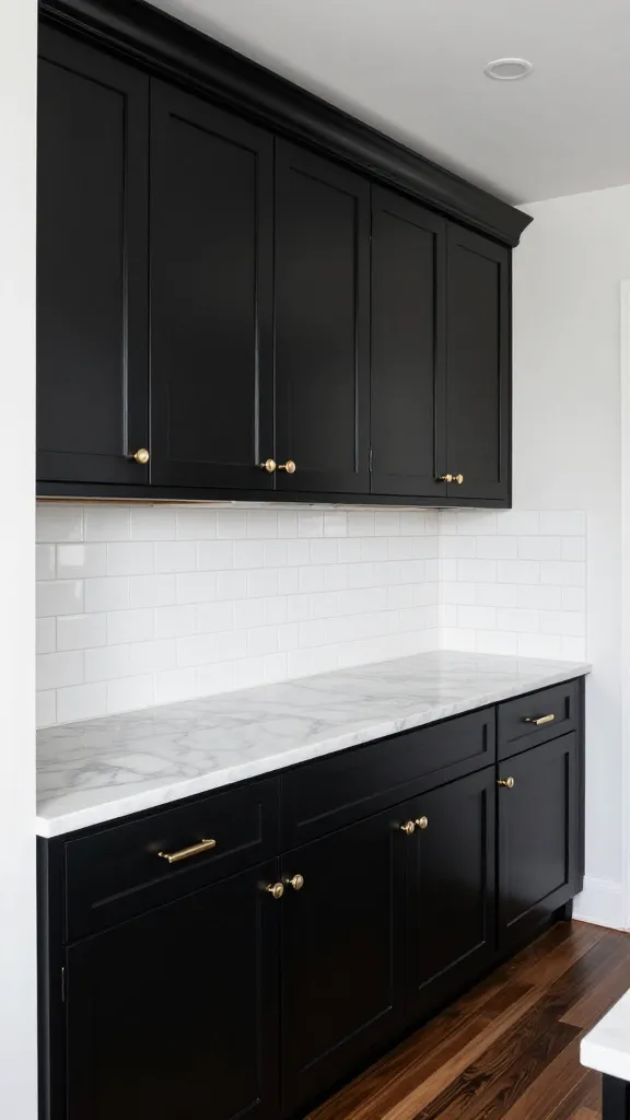 A high-angle, realistic, professional photograph of a luxurious, high-contrast classic kitchen. The main focus is on classic black shaker cabinets, extending along a wall, paired with crisp white walls and a pristine white subway tile backsplash. A thick slab of white Carrara marble countertop provides striking contrast. The cabinets feature polished nickel hardware (pulls and knobs). The floor is made of dark stained hardwood. Bright, natural light floods the space, highlighting the clean lines, rich textures, and elegant black and white aesthetic. Sharp focus, high resolution, no text.