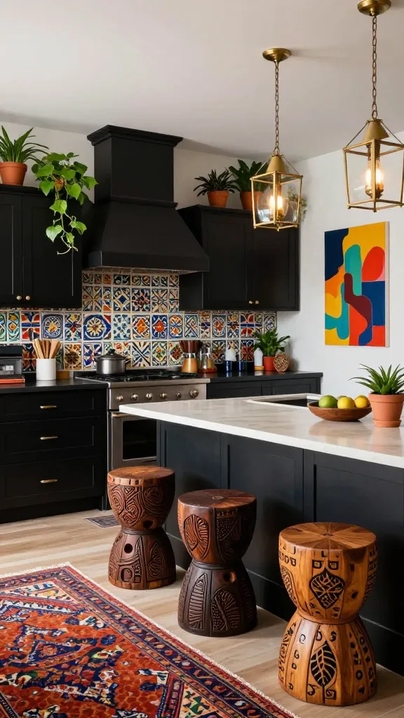 A high-quality, realistic photograph of a vibrant, eclectic kitchen. Sleek black flat-panel kitchen cabinets line the walls, providing a sophisticated grounding force. Above the dark countertops, a bold and colorful patterned backsplash, reminiscent of traditional Mexican Talavera tiles, creates a striking focal point. A kitchen island with a light countertop features three unique hand-carved wooden stools from Africa pulled up to it, showcasing intricate detailing. On the floor, a richly patterned Turkish kilim rug adds warmth and a global touch. Overhead, elegant brass lanterns hang, casting a warm glow. An adjacent wall displays vibrant, abstract artwork, while numerous lush potted plants are strategically placed on open shelving and countertops, infusing the space with life. The scene is bathed in natural light, highlighting the thoughtful curation of diverse cultural elements.