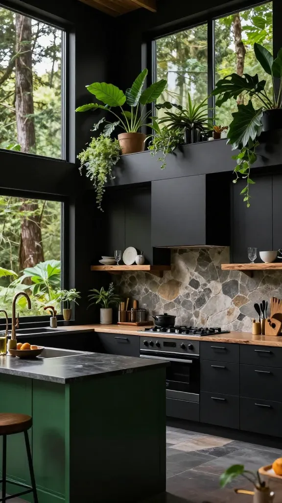 A highly realistic, high-quality photograph of a luxurious, forest-inspired kitchen, designed as a chic cabin retreat. The space is dominated by matte black kitchen cabinets, evoking the darkness of a deep forest. A prominent kitchen island features deep forest green accents, providing a striking color contrast. Above a textured stone backsplash, raw edge wood shelving displays elegant ceramics and glassware. An abundance of large, leafy plants are strategically placed, bringing lush greenery and a sense of tranquility indoors. The matte black cabinets are fitted with sleek black metal or dark bronze hardware. Large windows frame a breathtaking natural forest view, flooding the kitchen with soft, natural light. No text.
