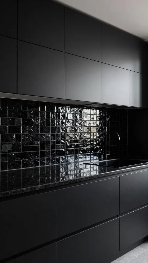 A realistic, high-quality photo of a modern, monochromatic kitchen, entirely designed in black. The kitchen features extensive matte black cabinetry, both upper and lower, complemented by sleek black honed granite countertops. A striking black backsplash, composed of glossy, textured zellige tiles, provides a dynamic visual contrast, reflecting light and adding depth. The scene emphasizes the sophisticated interplay of varying black finishes and textures – matte cabinets against glossy textured tiles and honed surfaces – creating a bold, chic, and visually rich statement without any other colors. The lighting is bright and natural, highlighting the luxurious details and textures.