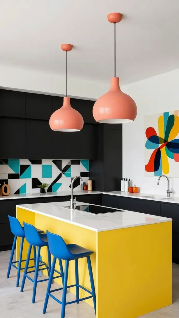 A high-angle, wide shot of a modern kitchen, professionally photographed with bright, soft natural light. Sleek, simple black flat-panel cabinets form a sophisticated, minimalist foundation along the back wall. Dominating the foreground is a vibrant, sunny yellow kitchen island with a smooth white quartz countertop. Above the island, two fun, oversized pendant lights with unique, sculptural forms and a matte finish in a soft coral hue hang playfully. The backsplash features a dynamic geometric patterned tile in a lively mix of white, black, and turquoise. Three colorful, electric blue bar stools with sleek, contemporary designs are positioned neatly at the island. On an adjacent wall, a large, quirky abstract art piece bursts with cheerful, contrasting colors. The scene exudes a playful yet chic personality, perfectly blending modern elegance with unexpected bursts of vibrant fun. High resolution, sharp focus, no text.