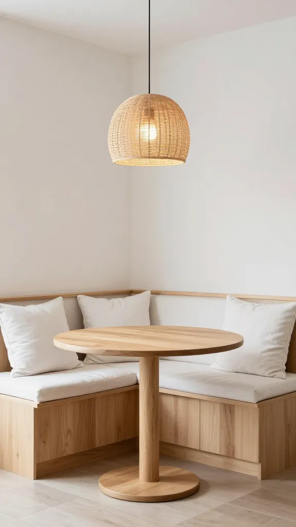 A high-quality, realistic photograph of a bright and serene Scandinavian kitchen nook. A built-in banquette crafted from light-toned wood runs along a clean wall, topped with crisp white linen cushions. In front of the banquette, a slim, round pedestal table made of blonde wood stands centered. Overhead, a minimalist woven pendant light hangs, casting a warm, soft glow over the space, which is bathed in natural light, emphasizing its airy and functional design.
