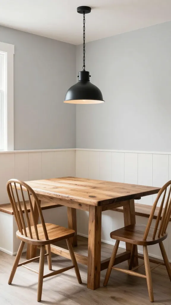 A high-resolution, realistic photograph of an inviting modern farmhouse kitchen nook. The centerpiece is a sturdy farmhouse-style dining table with a beautifully distressed wood top. Along one wall, a built-in bench features a crisp shiplap backrest, painted in a soft creamy white. Complementary classic Windsor chairs are arranged around the table. The surrounding walls are painted a pale gray, enhancing the bright and airy feel. An industrial-inspired black metal pendant light hangs elegantly above the table. Natural light streams into the space, highlighting the blend of rustic warmth and contemporary clean lines, creating a sophisticated and comfortable atmosphere. No text.