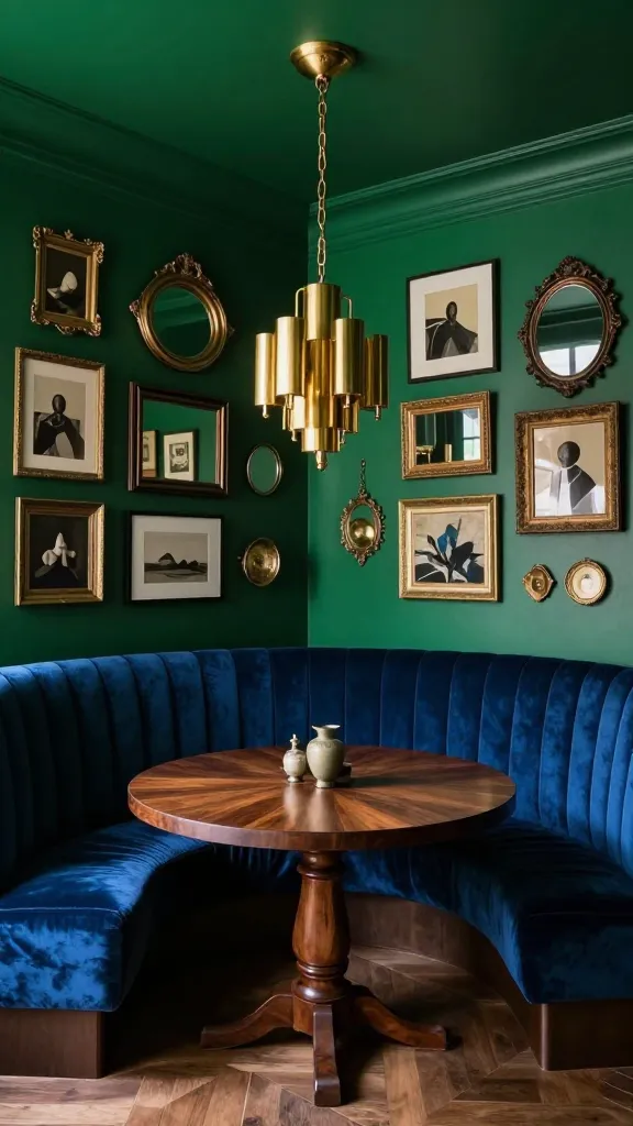 A high-quality, realistic photo of a luxurious and dramatic kitchen nook, styled as a moody maximalist jewel box. The walls are drenched in a deep, saturated emerald green. A plush, built-in sapphire blue velvet banquette lines the wall, offering opulent seating. A dark, rich wood-topped dining table sits centrally, illuminated by a striking, multi-tiered brass chandelier hanging above. On the wall opposite the banquette, an eclectic gallery wall features a diverse mix of framed art, vintage mirrors, and decorative objects in various sizes and styles, creating a rich tapestry of personality. The lighting is intimate and inviting, highlighting the opulent textures and rich colors.